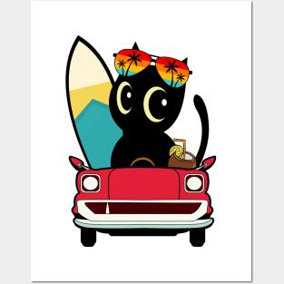 Surfer black cat driving to the beach Posters and Art